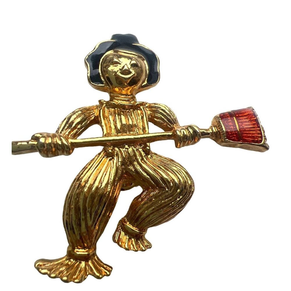 Vintage Avon Scarecrow Gold Tone Brooch Black Orange Enamel Halloween Rare Pin